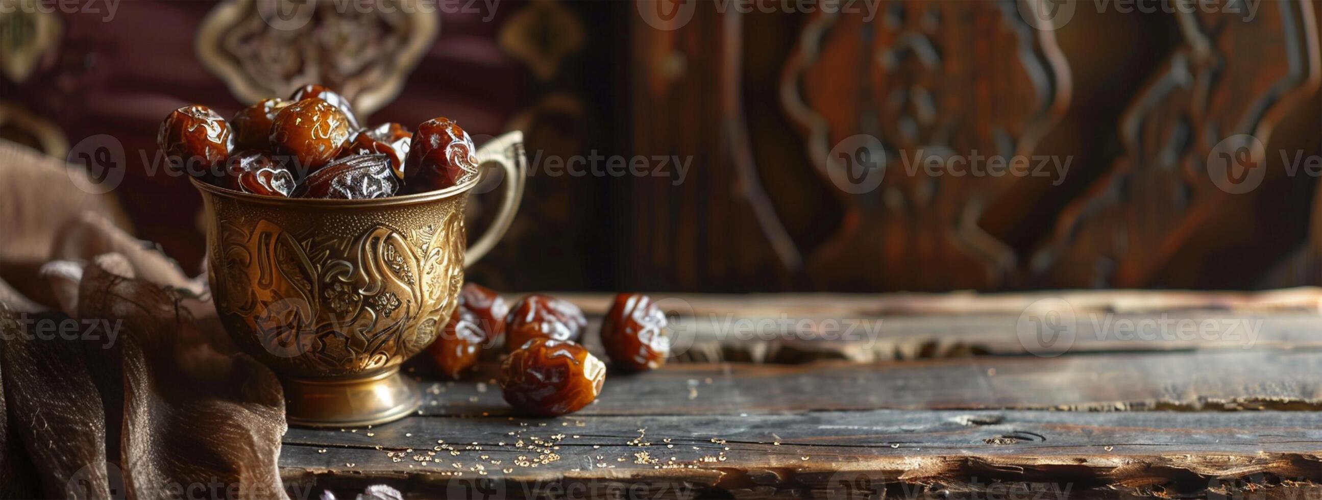 AI generated Ramadan Kareem concept. Dried dates in a bowl on a wooden background. Selective focus photo