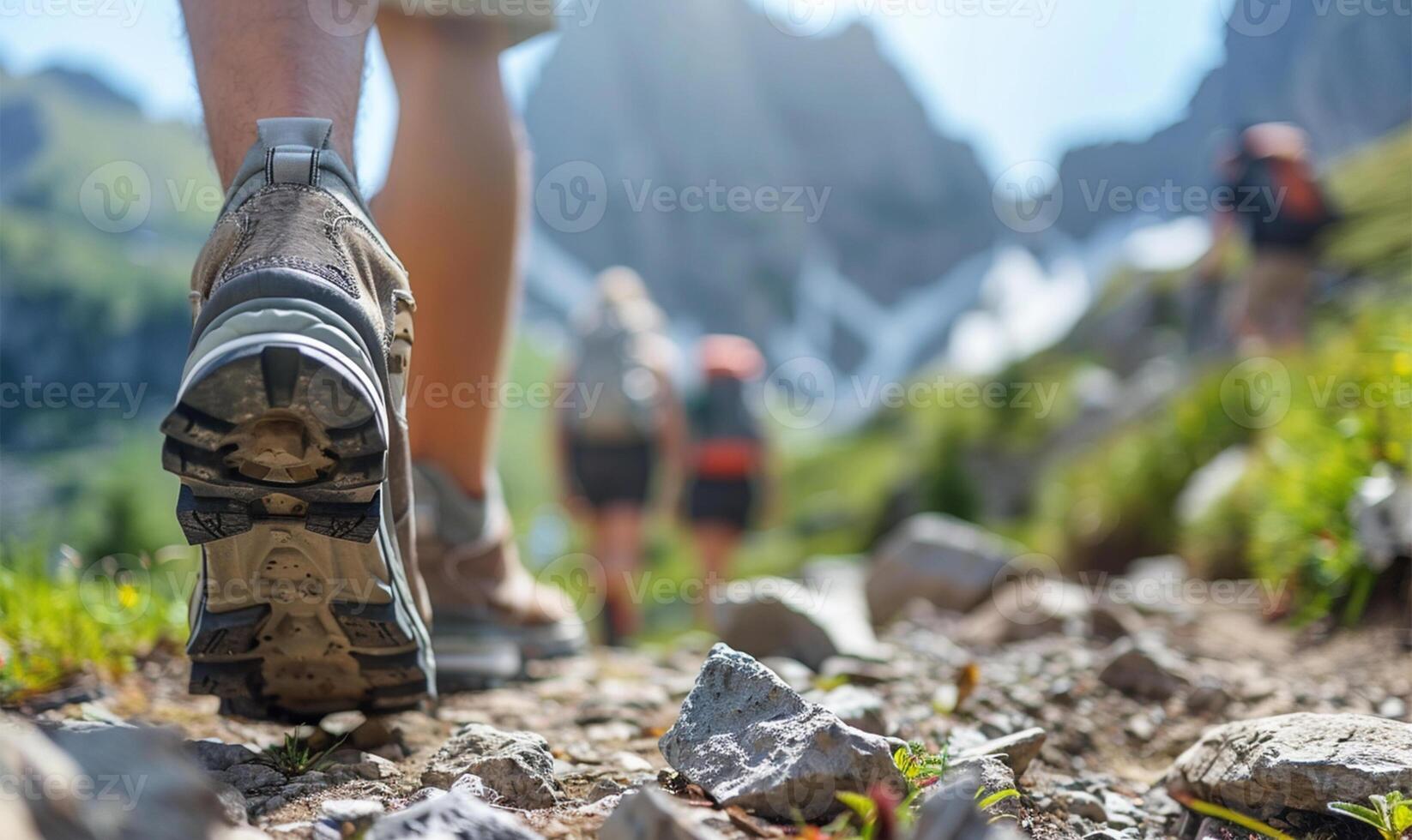 AI generated Hikers walking on a trail in the mountains. Close-up of a pair of hiking shoes photo