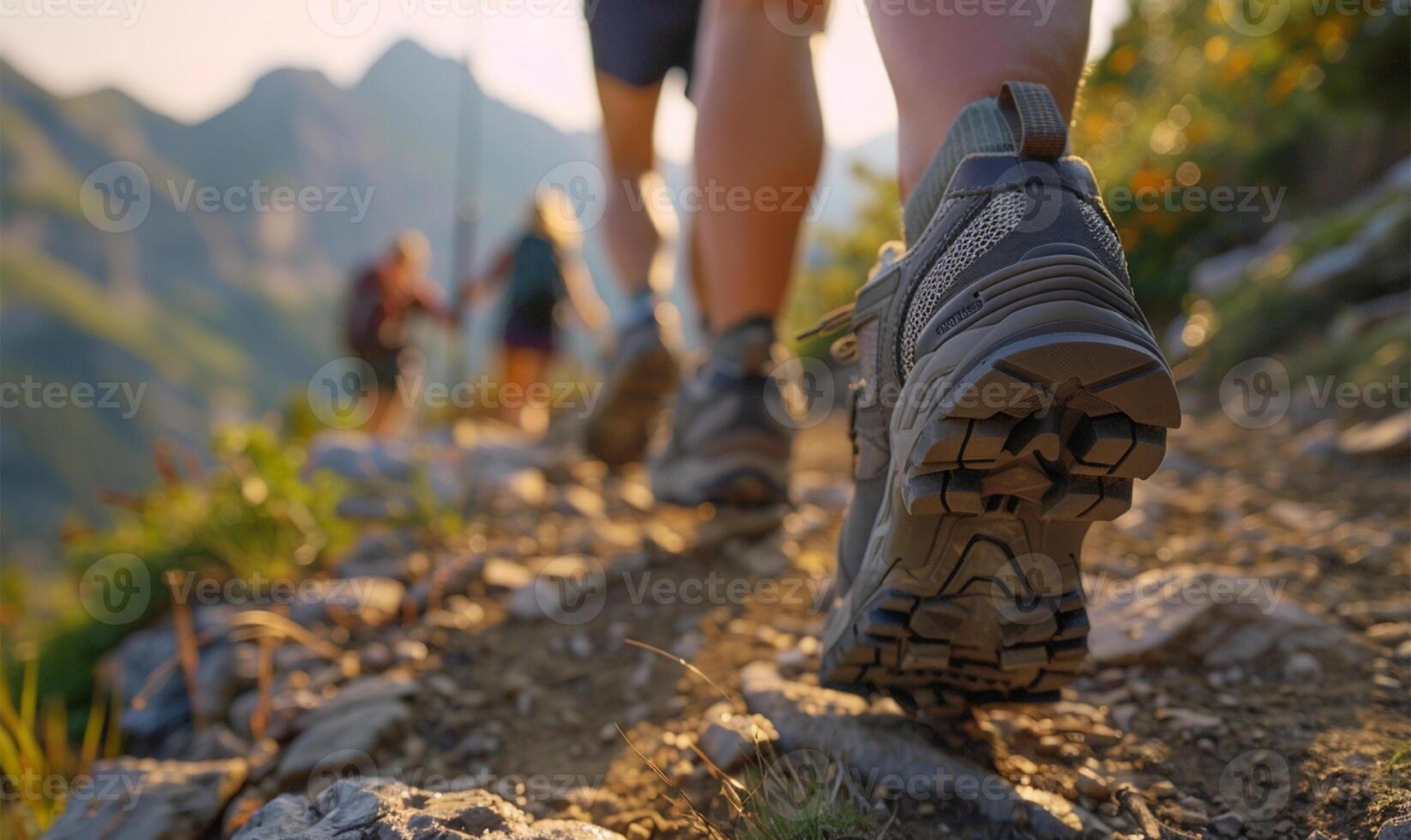 AI generated Hikers walking on a trail in the mountains. Close-up of a pair of hiking shoes photo