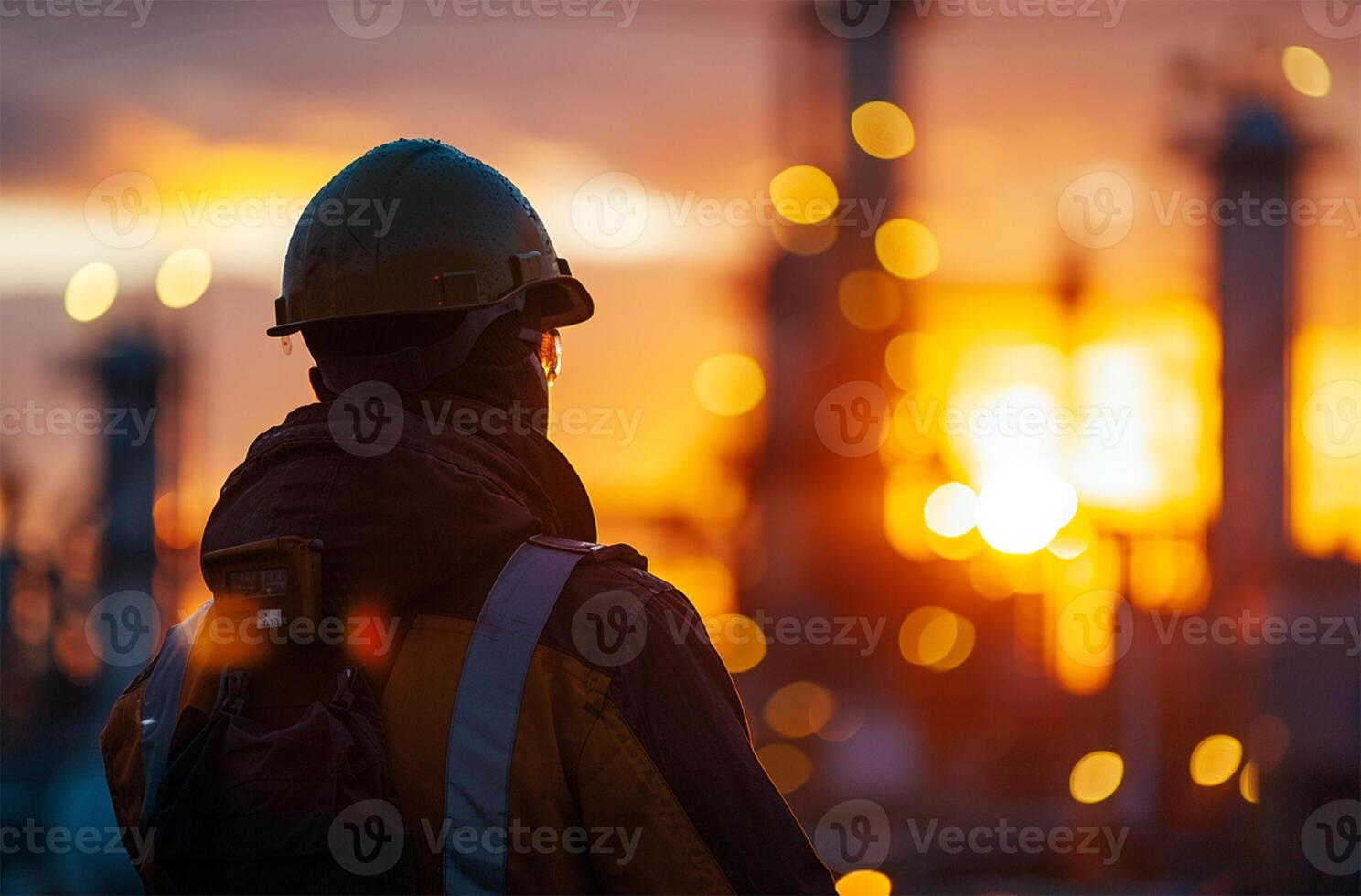 ai generado ingeniero o técnico a el petróleo y gas refinería planta a puesta de sol o amanecer hora foto