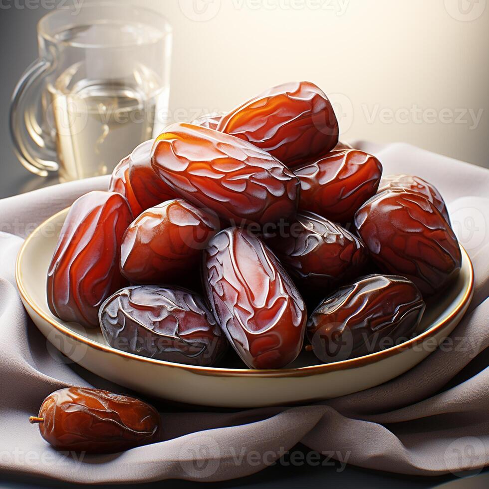 AI generated Dried dates in white bowl on grey background photo