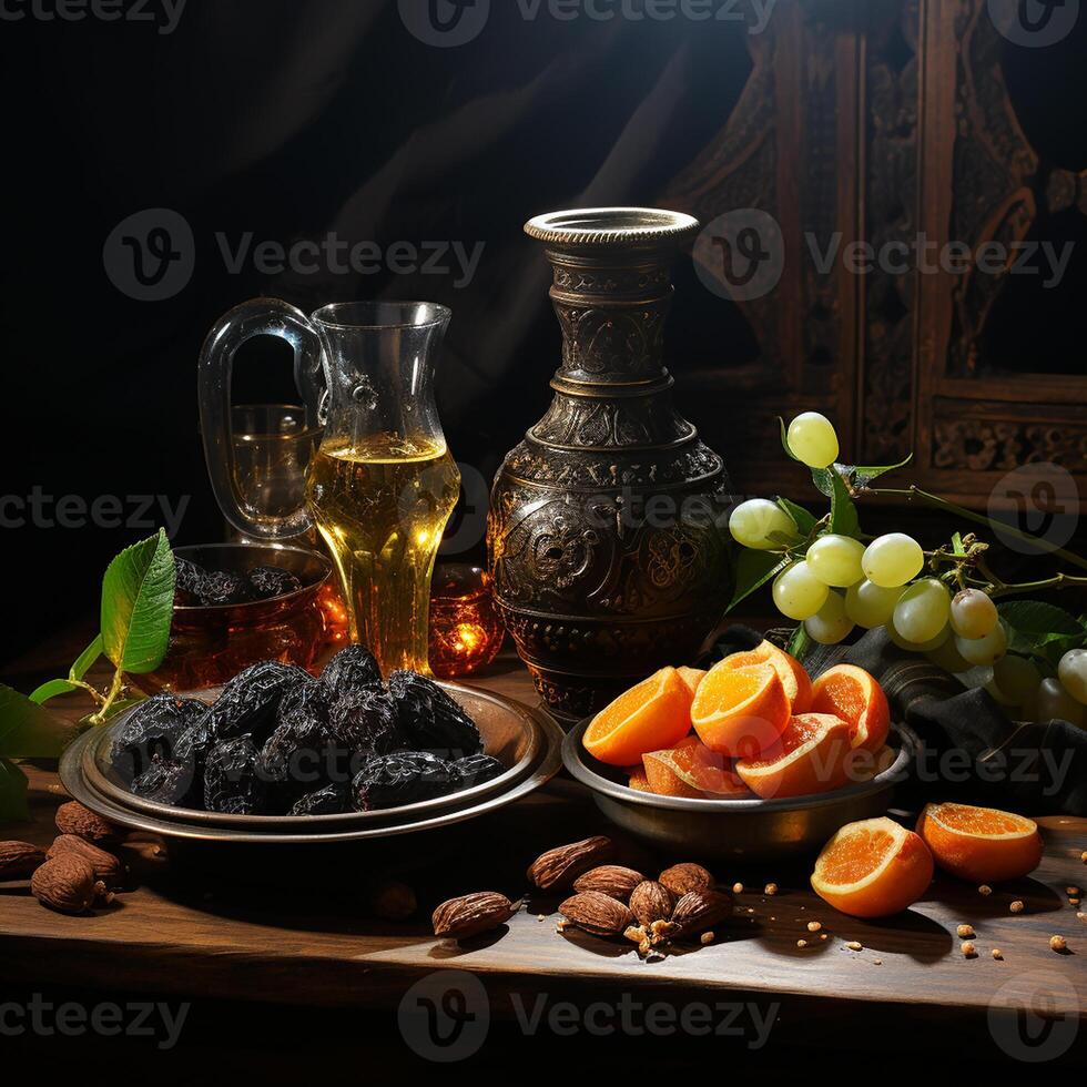 ai generado un mesa con un cuenco de uvas, naranjas, y un lanzador de vino foto