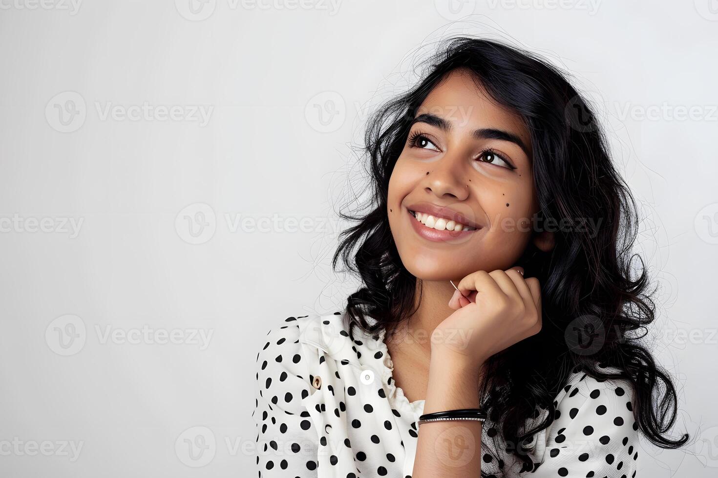 AI generated Beautiful indian woman smiling and looking up with good expression on transparent BG photo