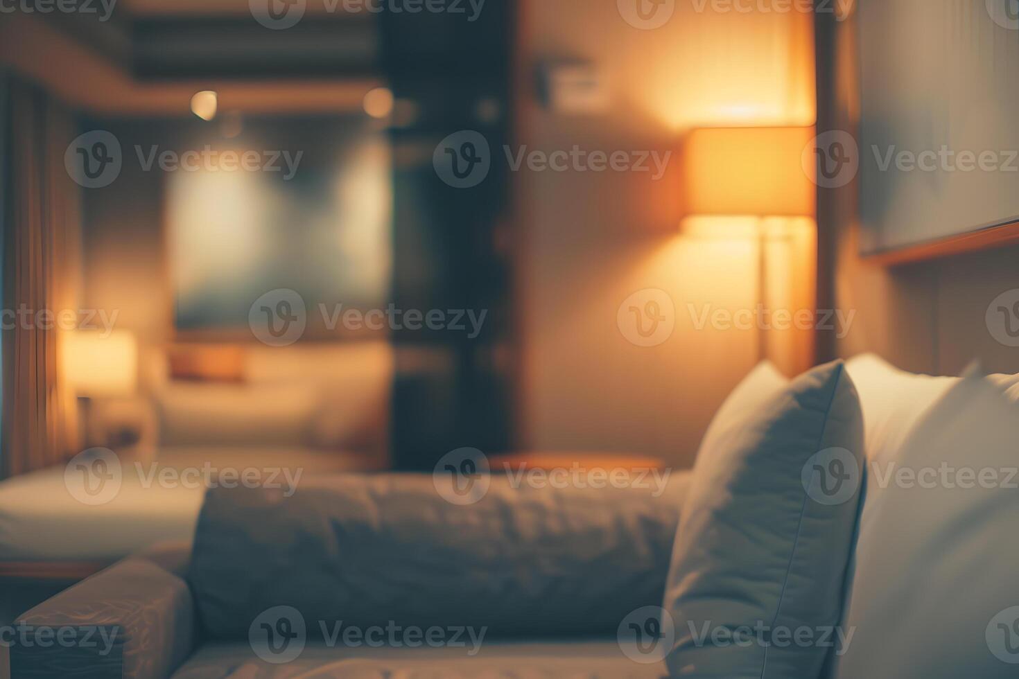 AI generated Blurred interior of restaurant with bokeh lights and furniture. photo