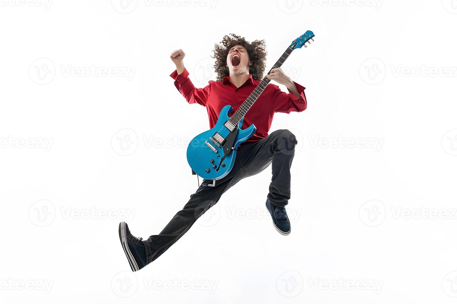 AI generated stylish young man in red jacket jumping with electric guitar isolated on white photo