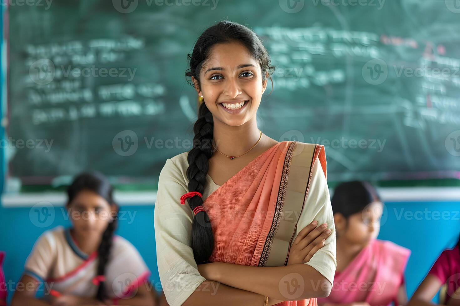 ai generado retrato de un sonriente indio hembra profesor en pie con brazos cruzado en salón de clases foto