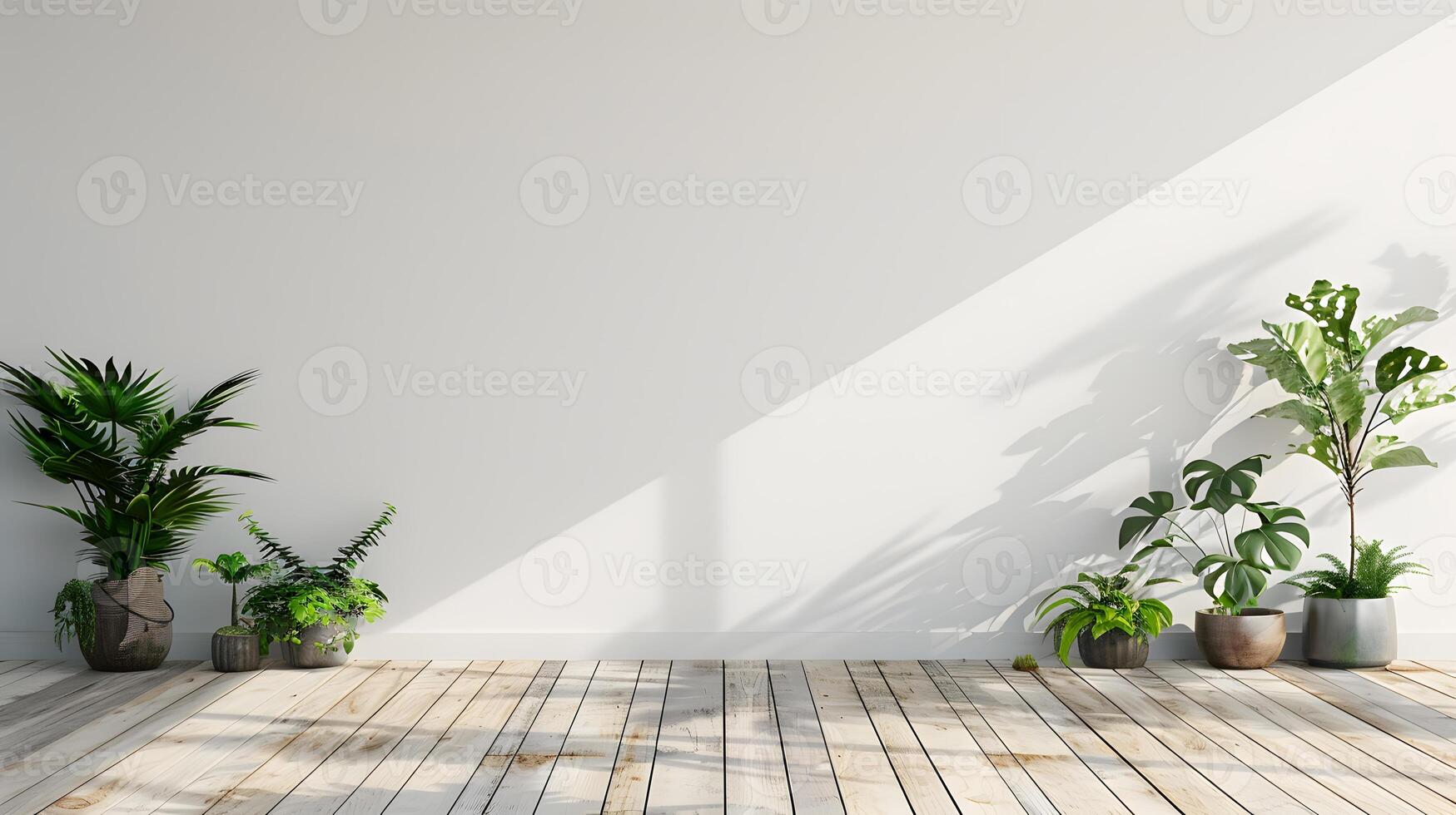 AI generated Plants in pots on a wooden table against a wall. photo