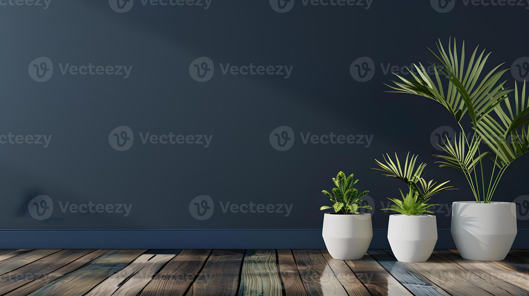 AI generated Plants in pots on a wooden table against a wall. photo