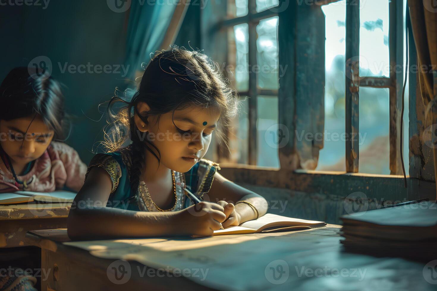 AI generated Schoolgirl writing in notebook while sitting at table in classroom. Back to school. photo