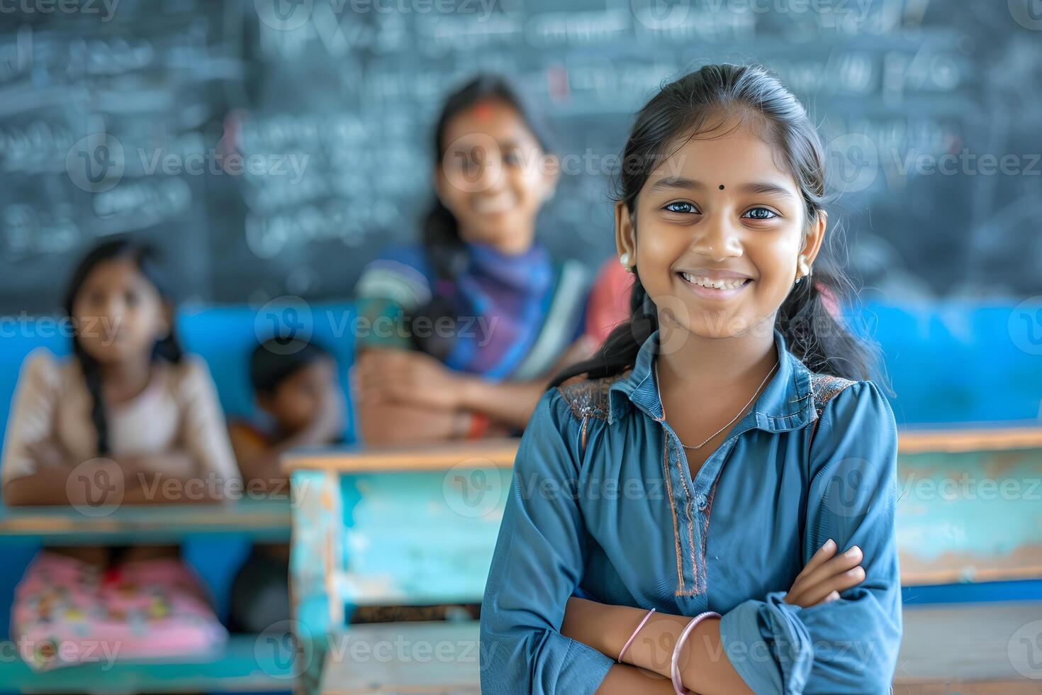 AI generated Portrait of smiling schoolgirl standing with arms crossed in classroom. photo