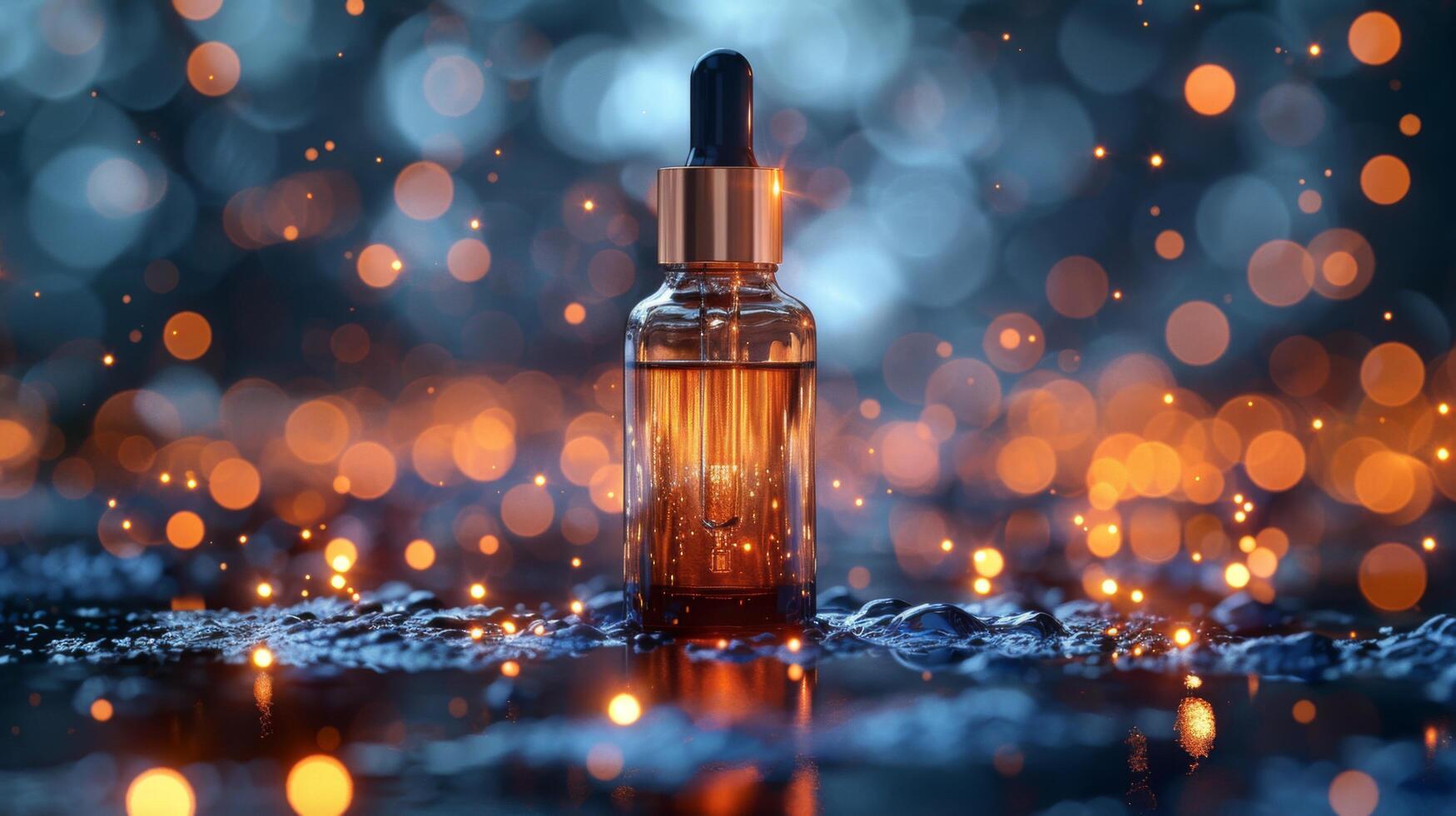 AI generated Serum dropper bottle on a sparkling bokeh background, symbolizing luxury skincare and beauty, with a focus on health and wellness photo