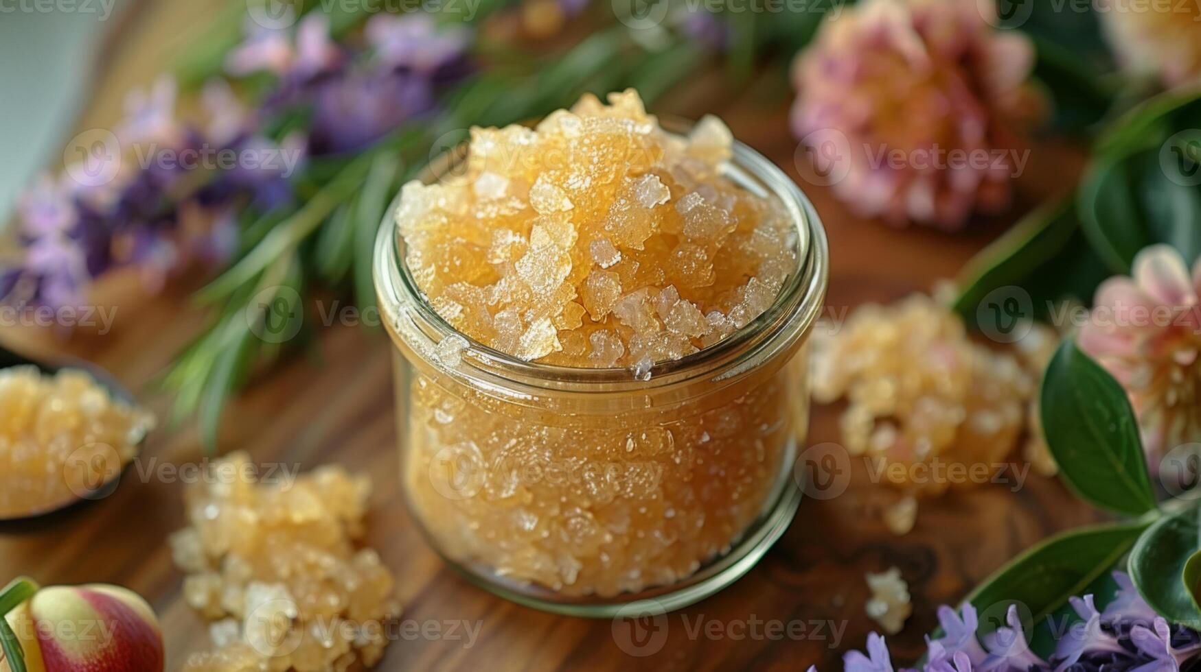 AI generated Jar of golden sugar body scrub on a wooden backdrop, surrounded by soft hydrangeas, evoking a spa-like atmosphere of natural skincare indulgence. photo