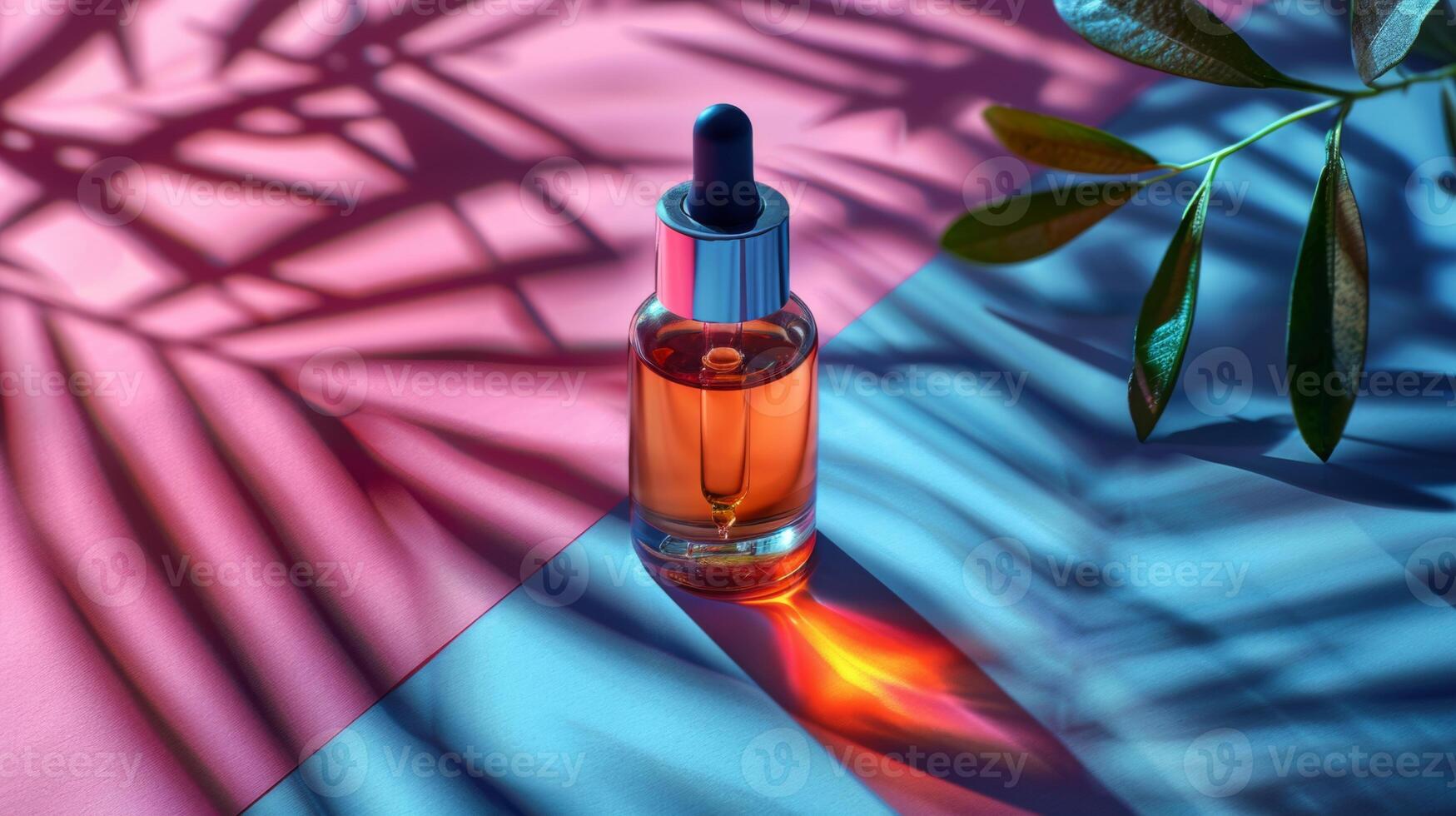 ai generado elegante cuentagotas botella con suero, emitir en dinámica azul y rosado oscuridad con natural hoja patrones, encarnando moderno protección de la piel lujo foto