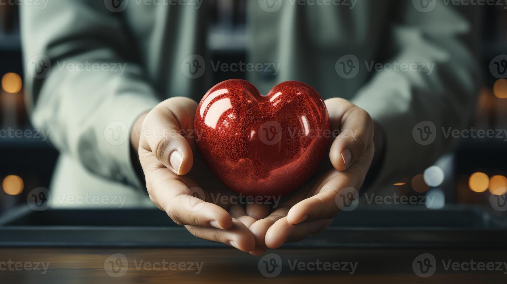 AI generated Gentle hands cradling a shiny red heart, a symbol of care and commitment, set against a soft, warm backdrop with bokeh lights. photo