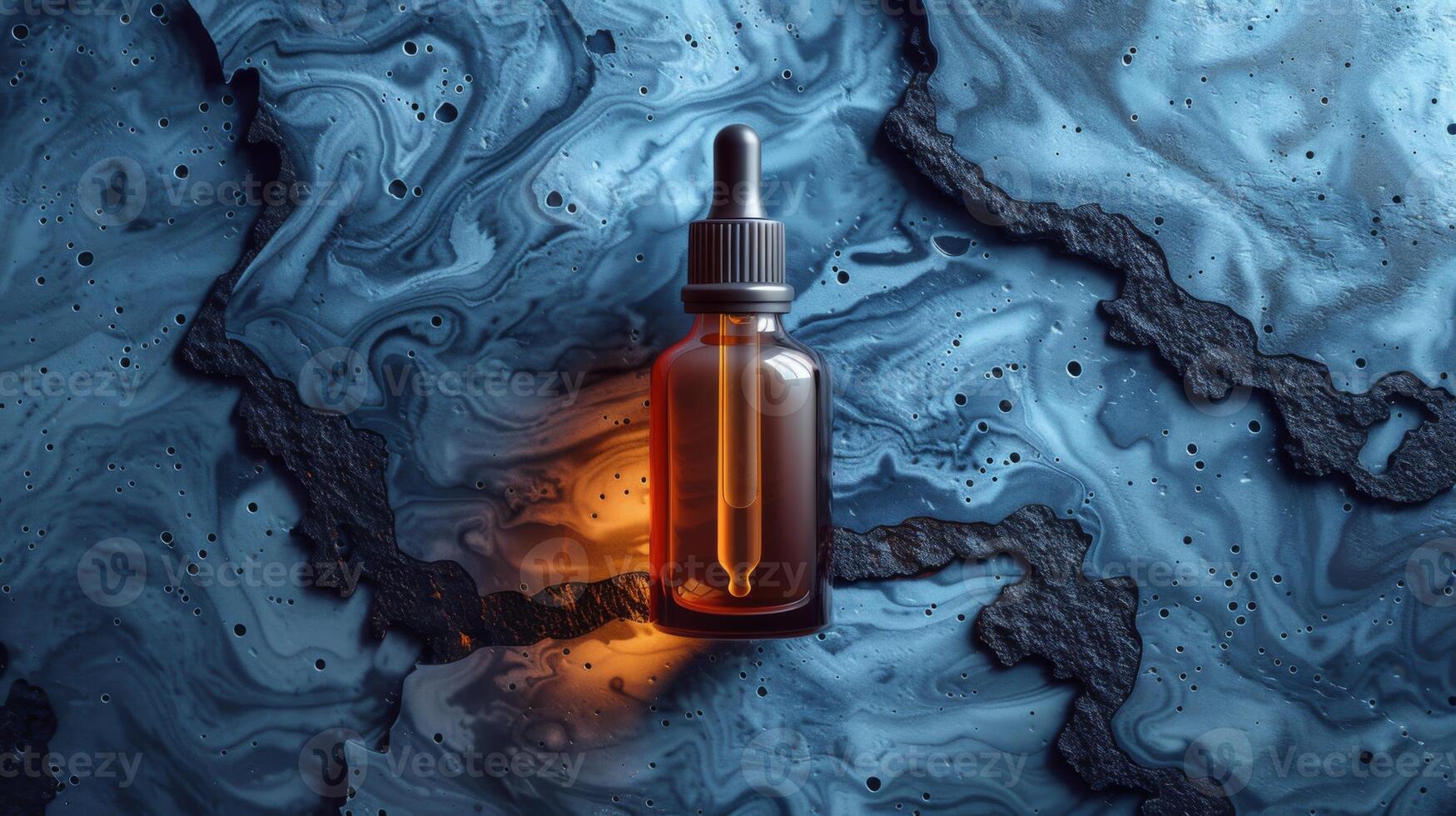 AI generated A dropper bottle of serum poised on a marbled blue background, emanating a luxurious and organic essence, ideal for skincare branding photo