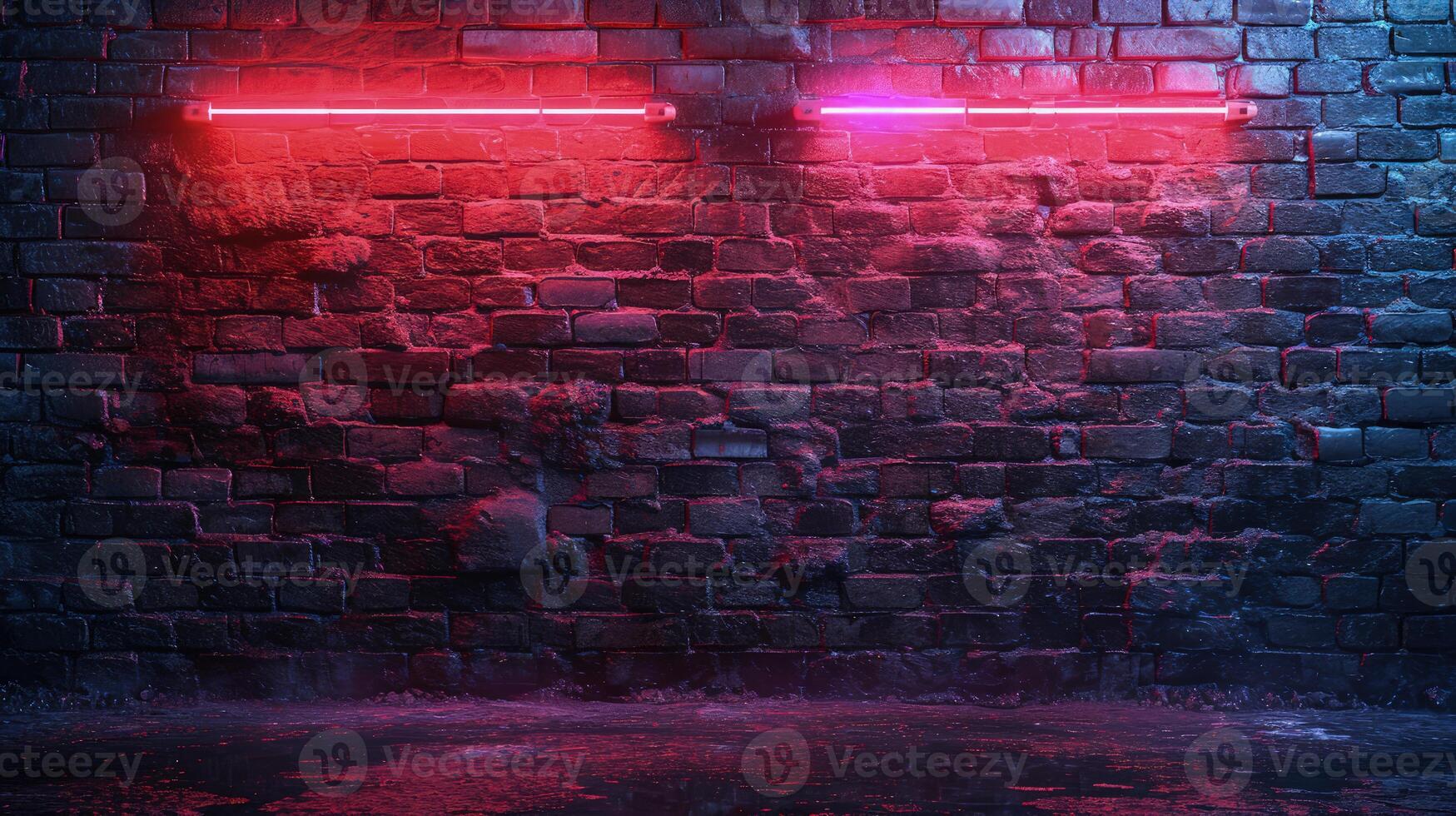 ai generado un negro ladrillo pared con un cautivador interacción de púrpura y rojo neón luces, reflejando apagado el mojado suelo para un temperamental urbano atmósfera. foto