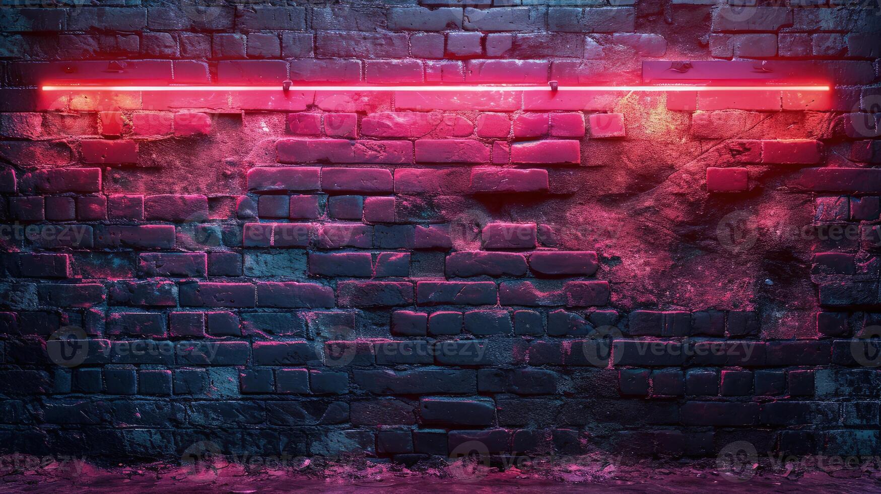 AI generated A textured brick wall bathed in dramatic neon lights, creating a striking urban backdrop with a vivid red and blue color gradient. photo