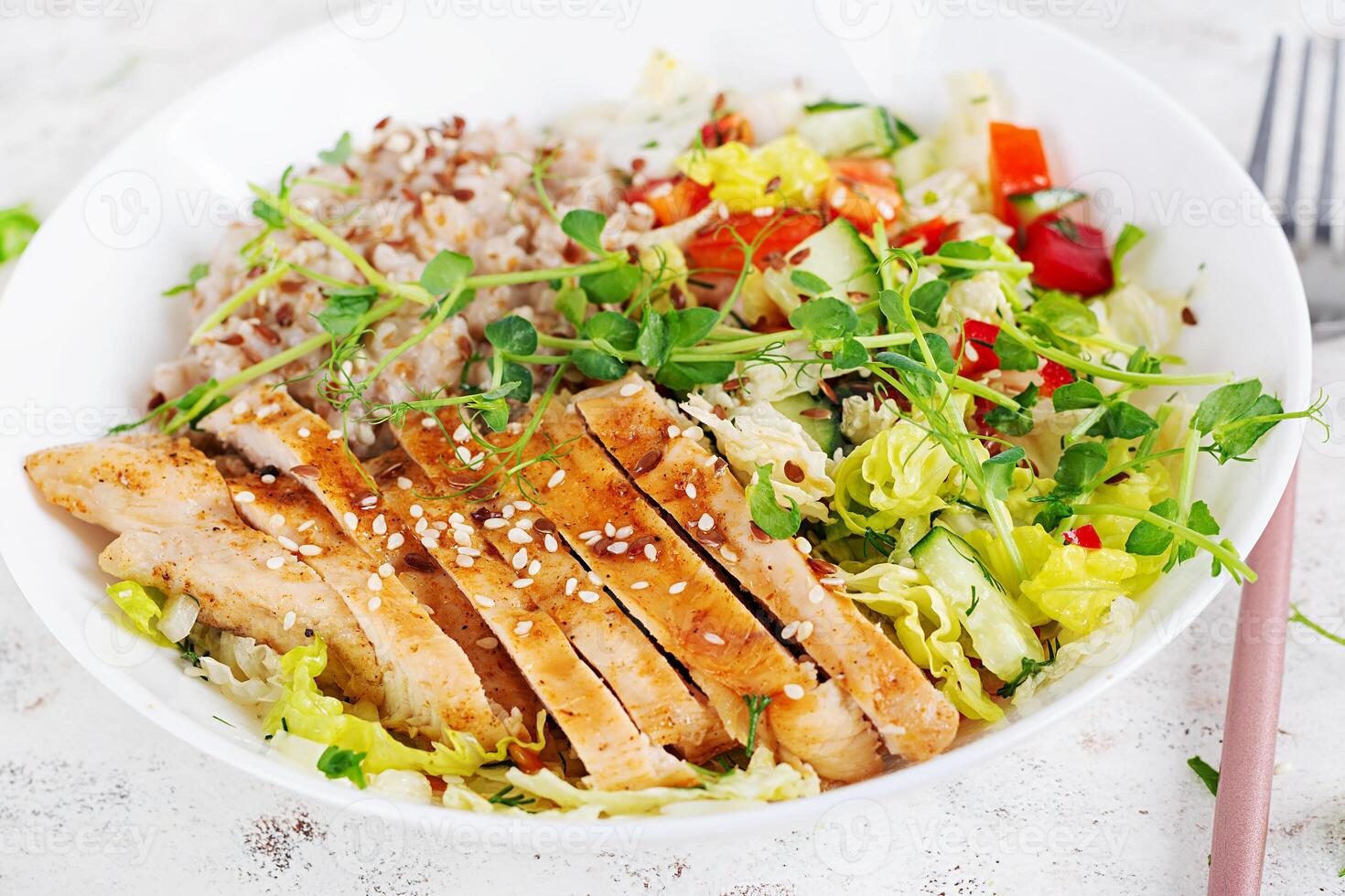 almuerzo harina de avena gachas de avena con A la parrilla pollo filete y Fresco vegetales. sano equilibrado alimento. de moda alimento. foto