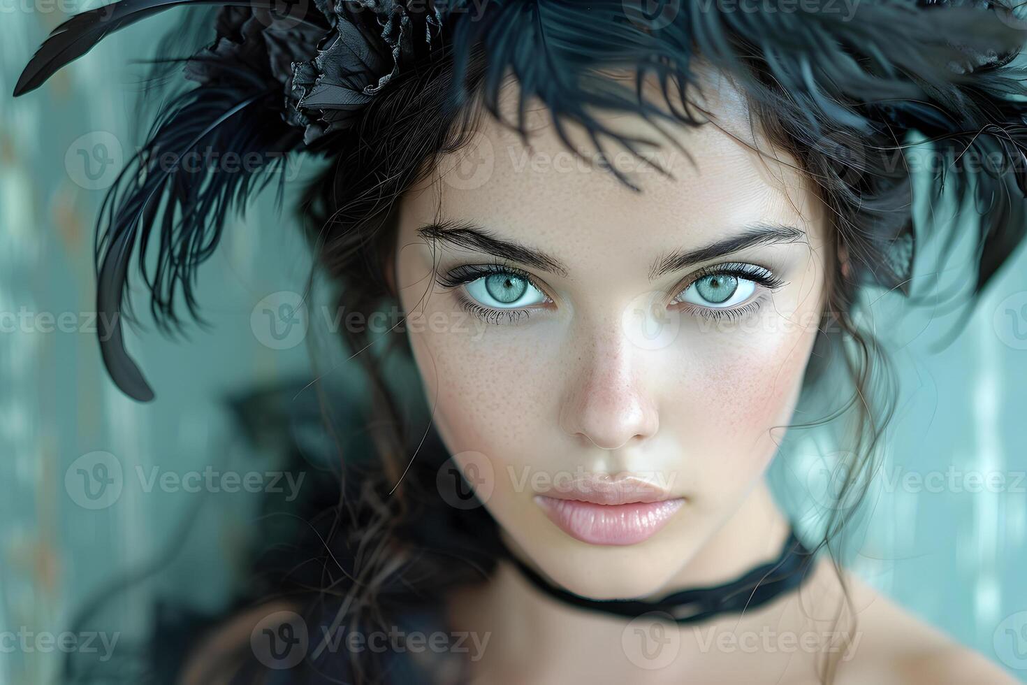 AI generated Woman With Blue Eyes Wearing Black Feather Hat Generative AI photo