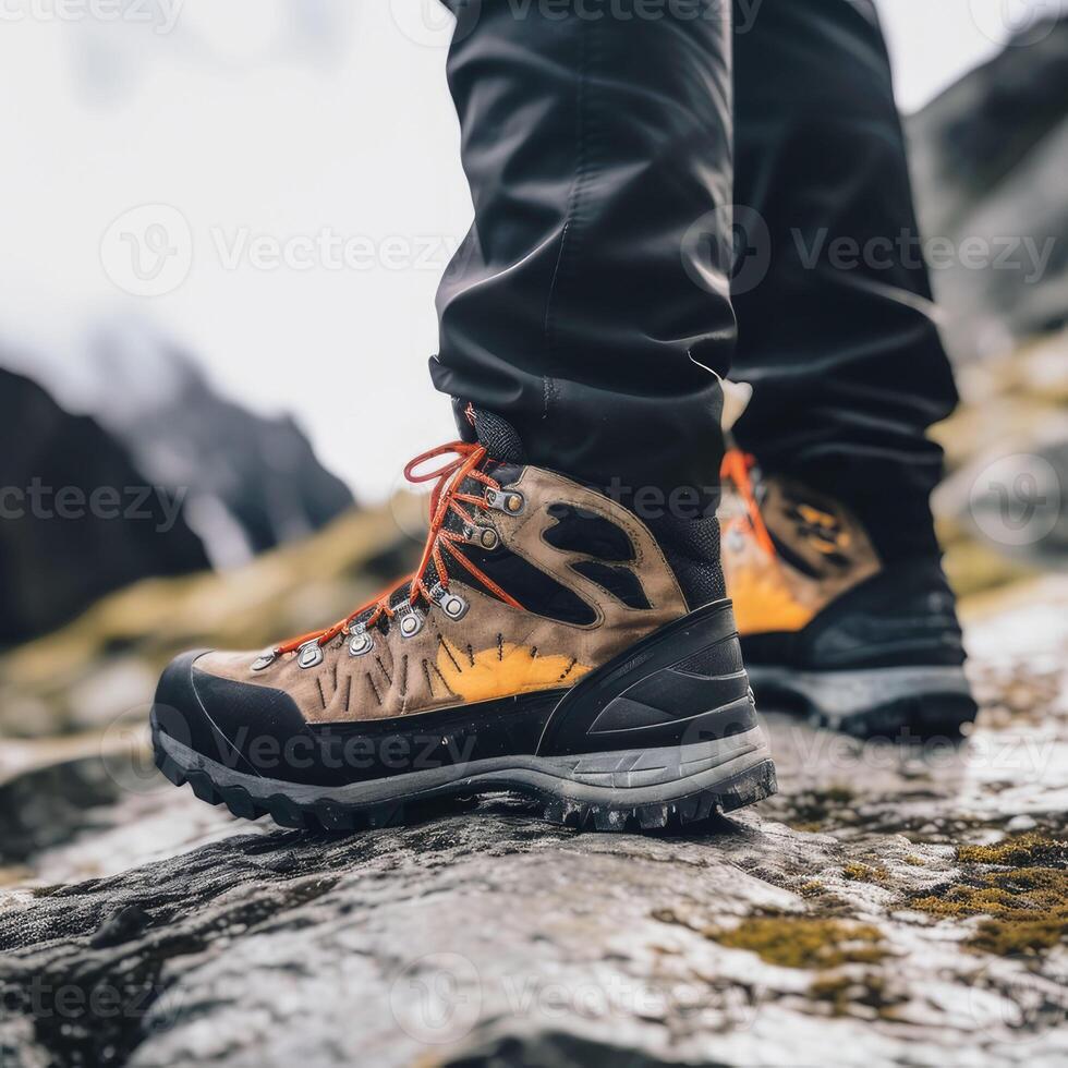 AI generated Hiking comfortable boots on a rock in the mountains side view. AI-generated content. photo