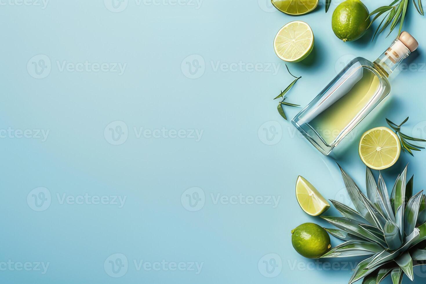 AI generated Lime slices, tequila bottle, agave on blue background, top view with copy space. AI-generated content. photo