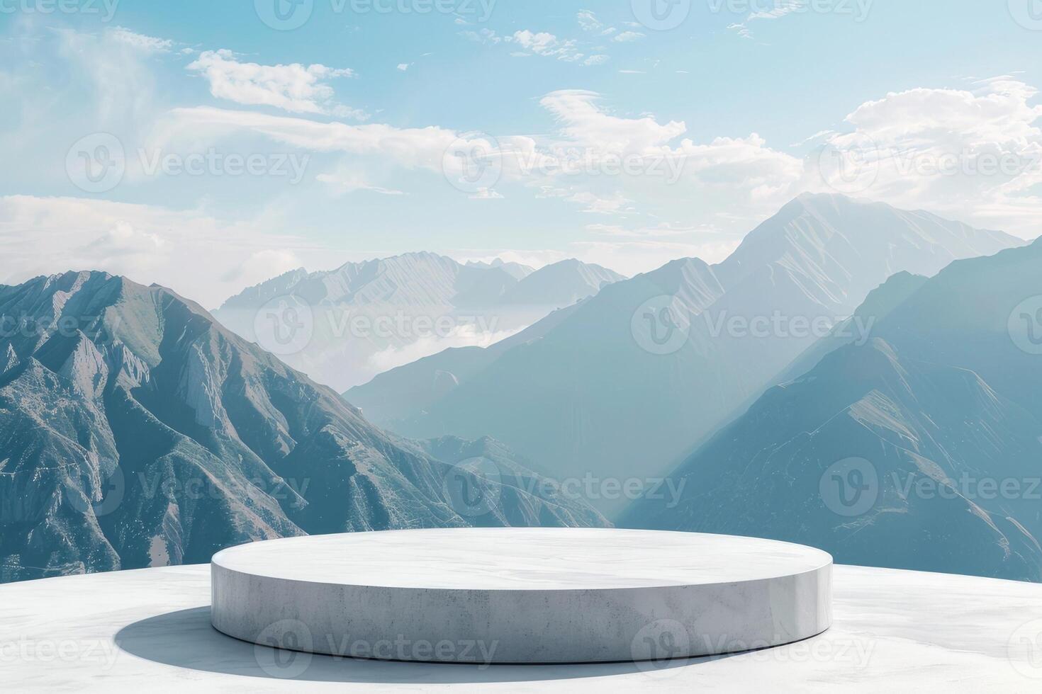 AI generated White podium for product presentation against the background of mountains. AI-generated content. photo