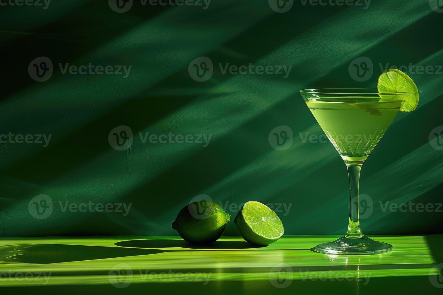AI generated Cocktail with a slice of lime in a glass on a green background with copy space. AI-generated content. photo