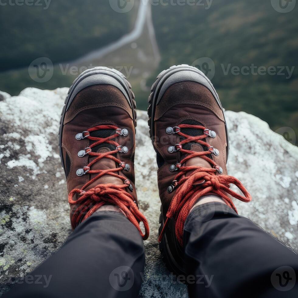 AI generated Hiking comfortable boots on a rock in the mountains, top view. AI-generated content photo