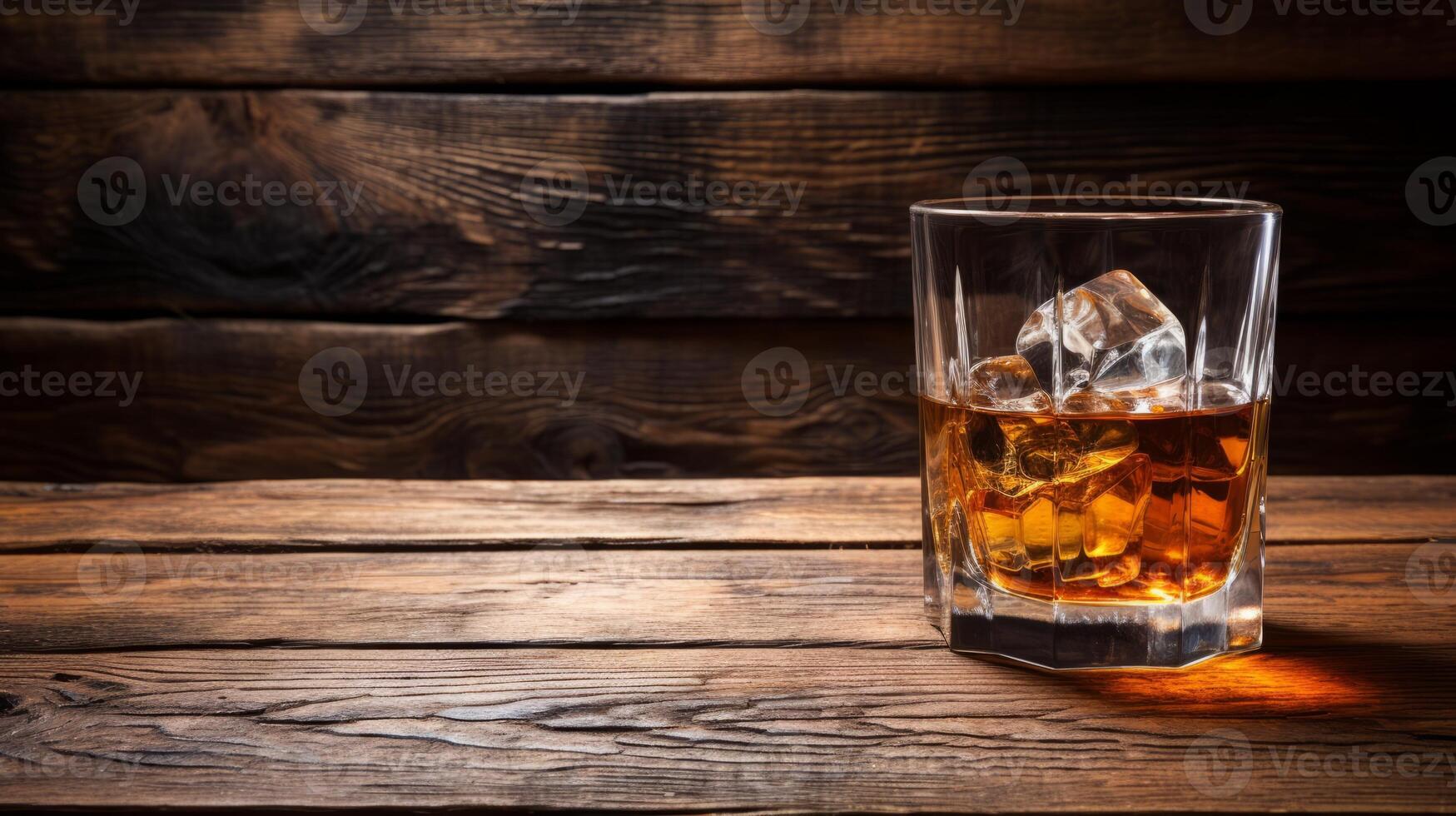 AI generated Whiskey with ice in a glass on a wooden background. photo