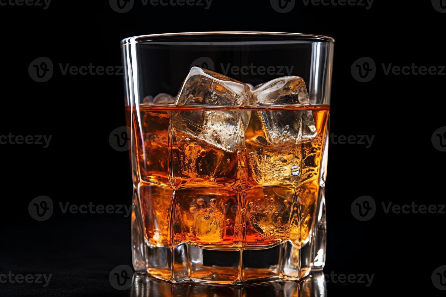 AI generated Glass of whiskey with ice cubes on wooden table. Black background. photo