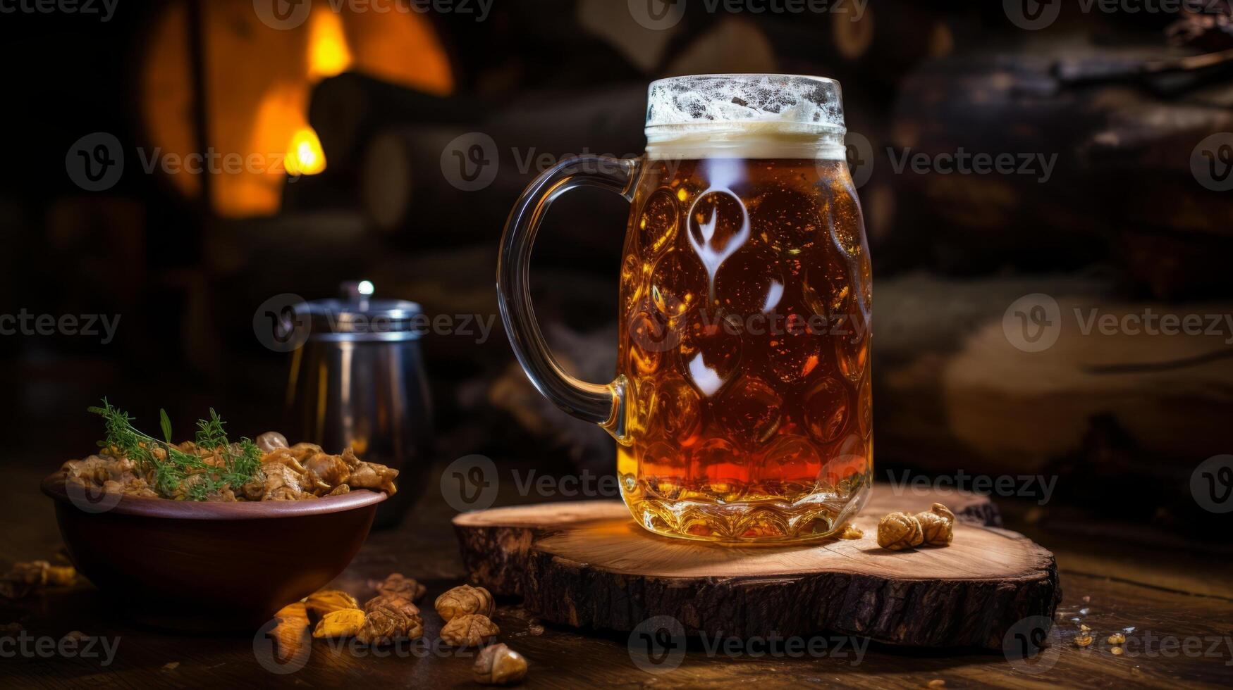 AI generated Mug of beer on a wooden table in front of a fireplace photo