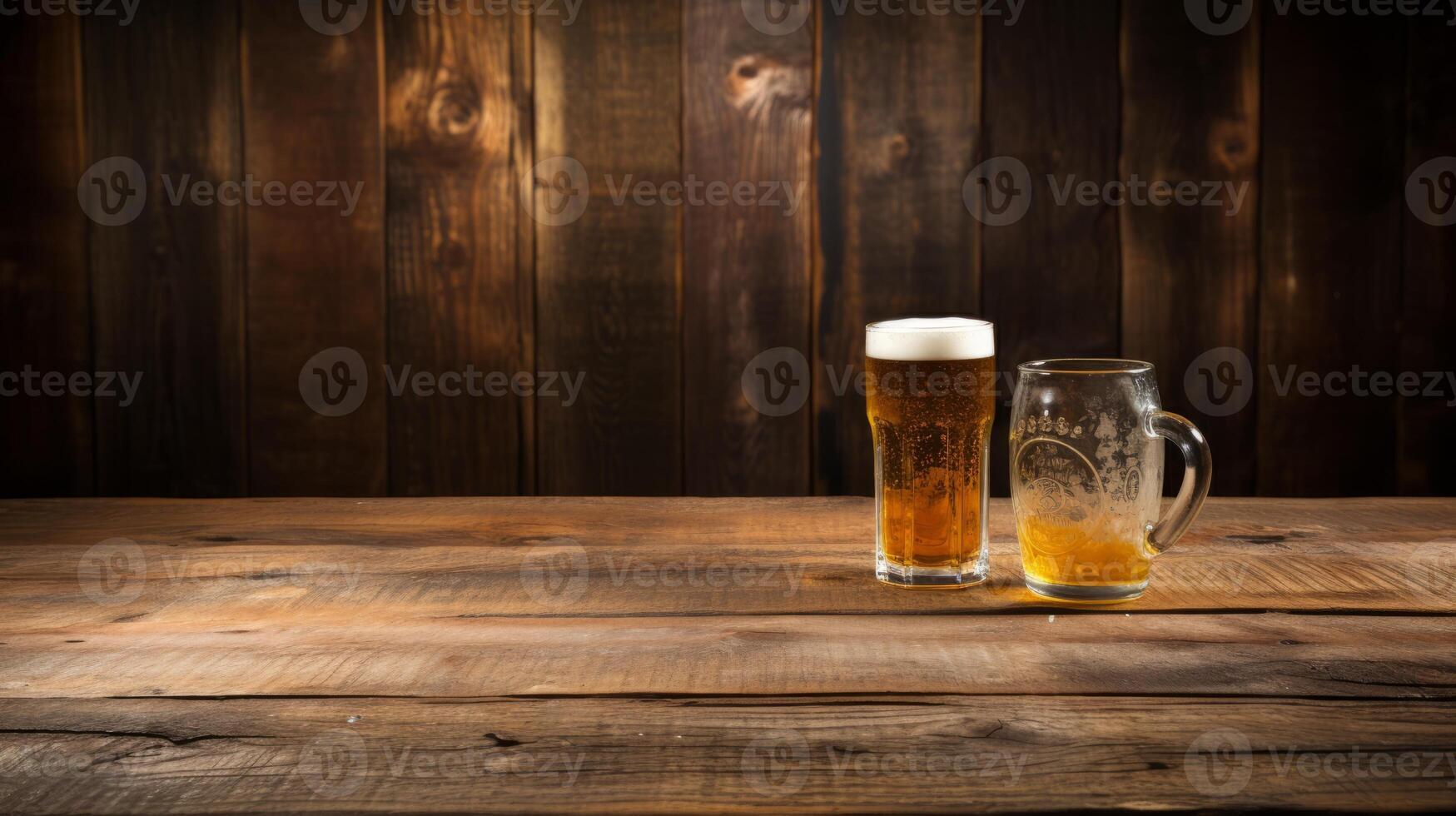 AI generated Beer glasses on a wooden table. Beer background. Beer background. photo