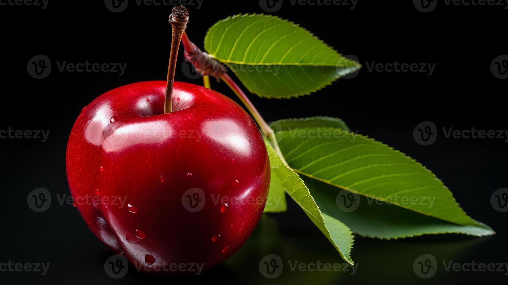 AI generated Red cherry with green leaf isolated on black background. Fresh fruit. photo