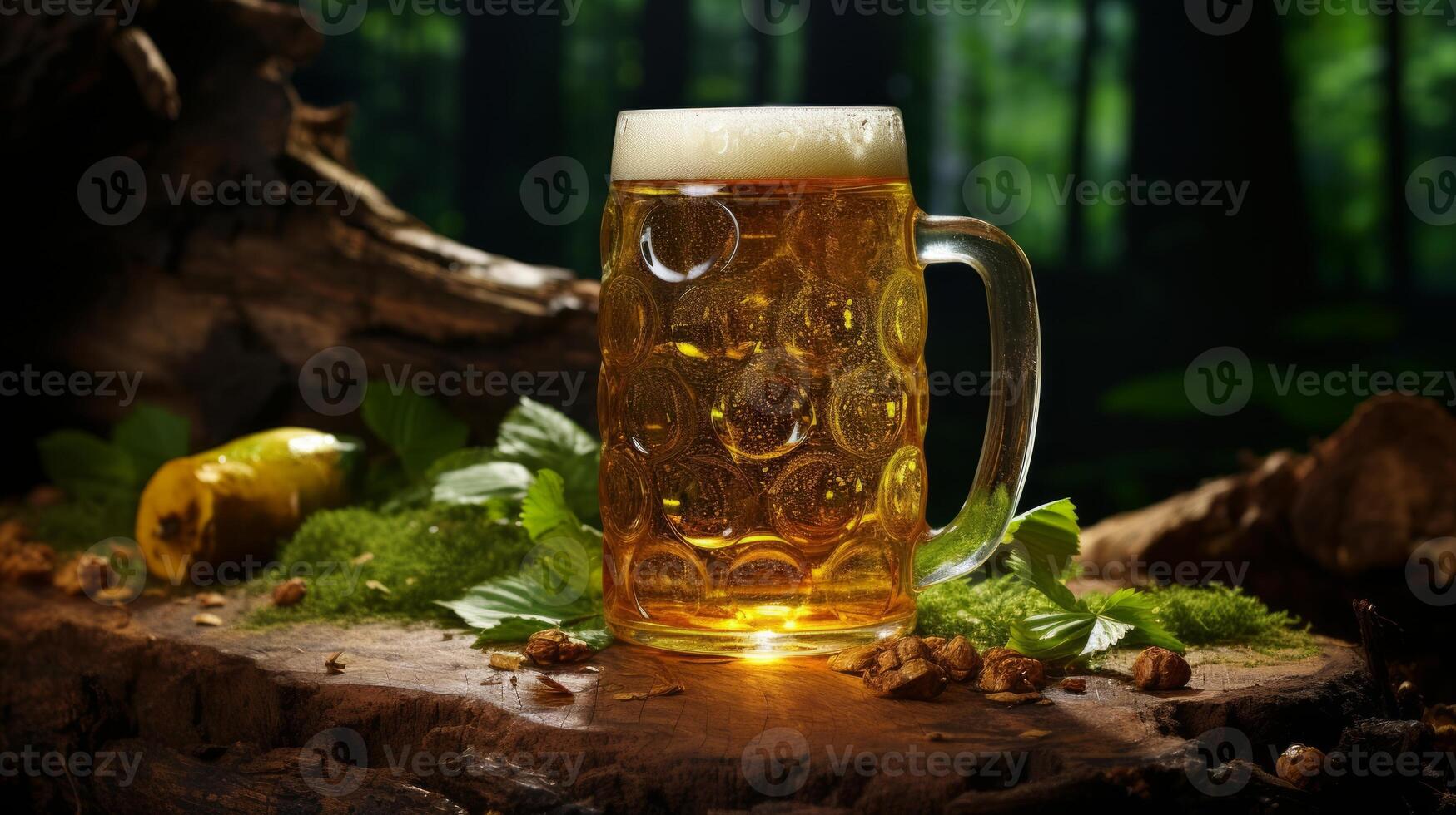 AI generated Mug of beer on a log with moss in the forest. photo