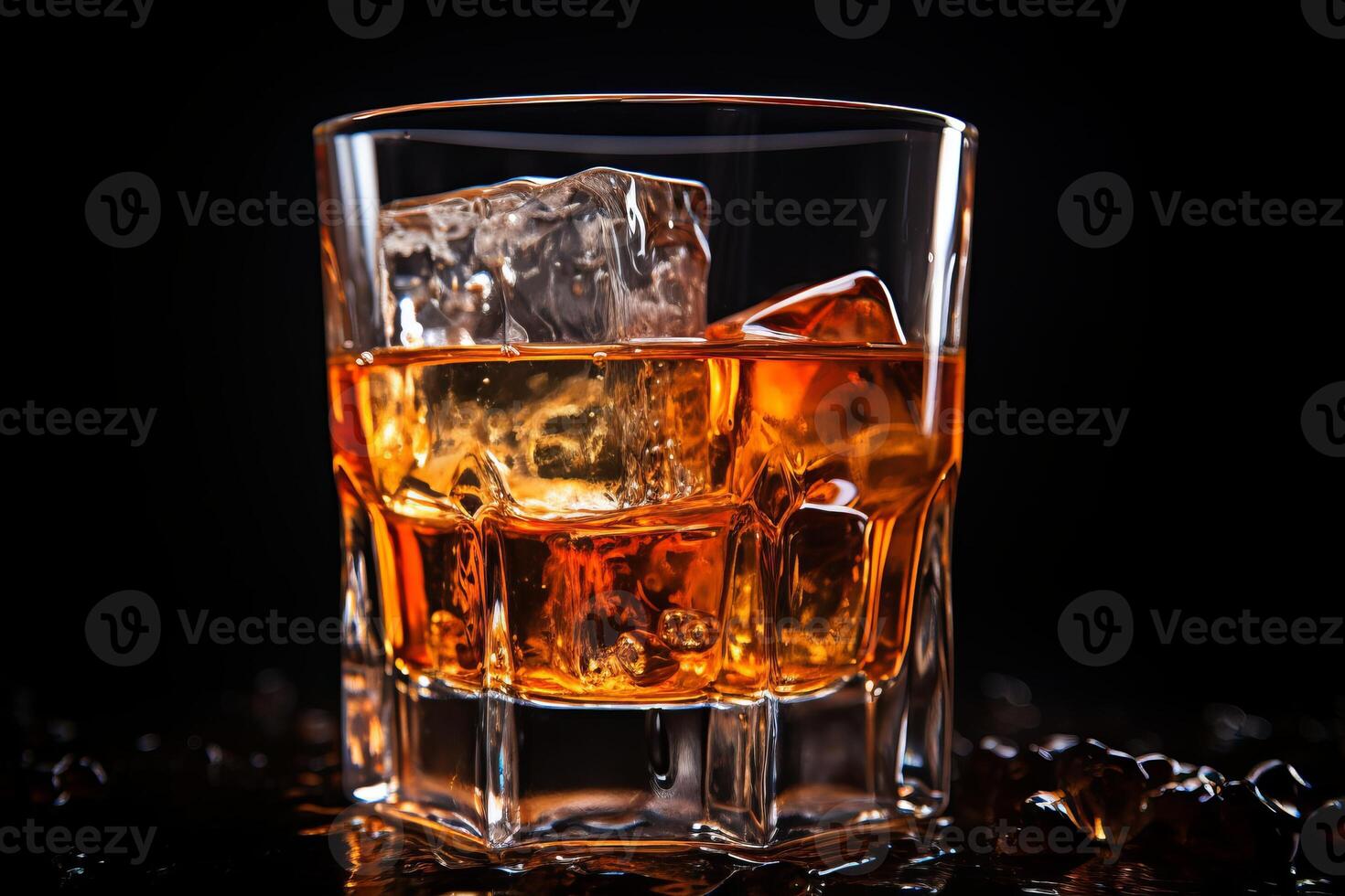 AI generated Whiskey on the rocks with ice cubes on a black background photo