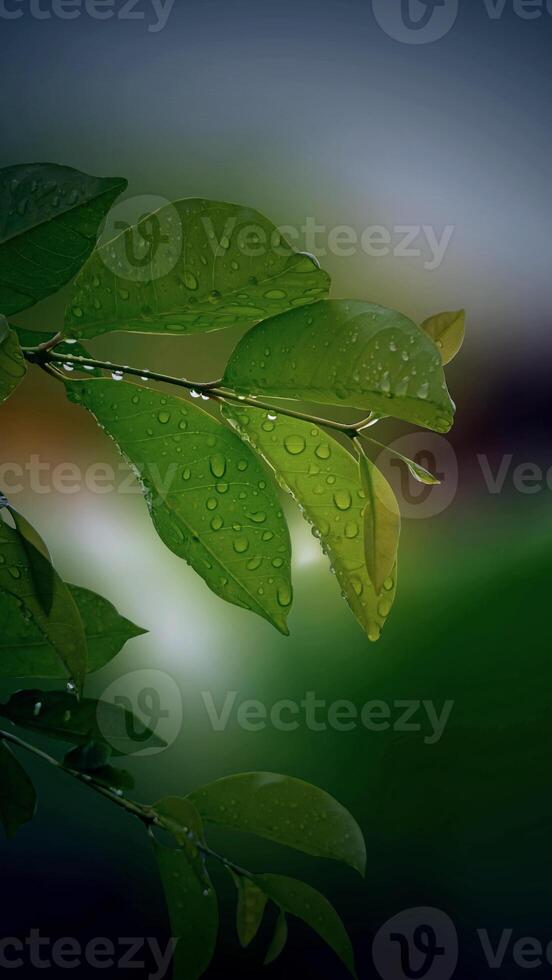 Macro photo of fresh leaves with dew drops on them