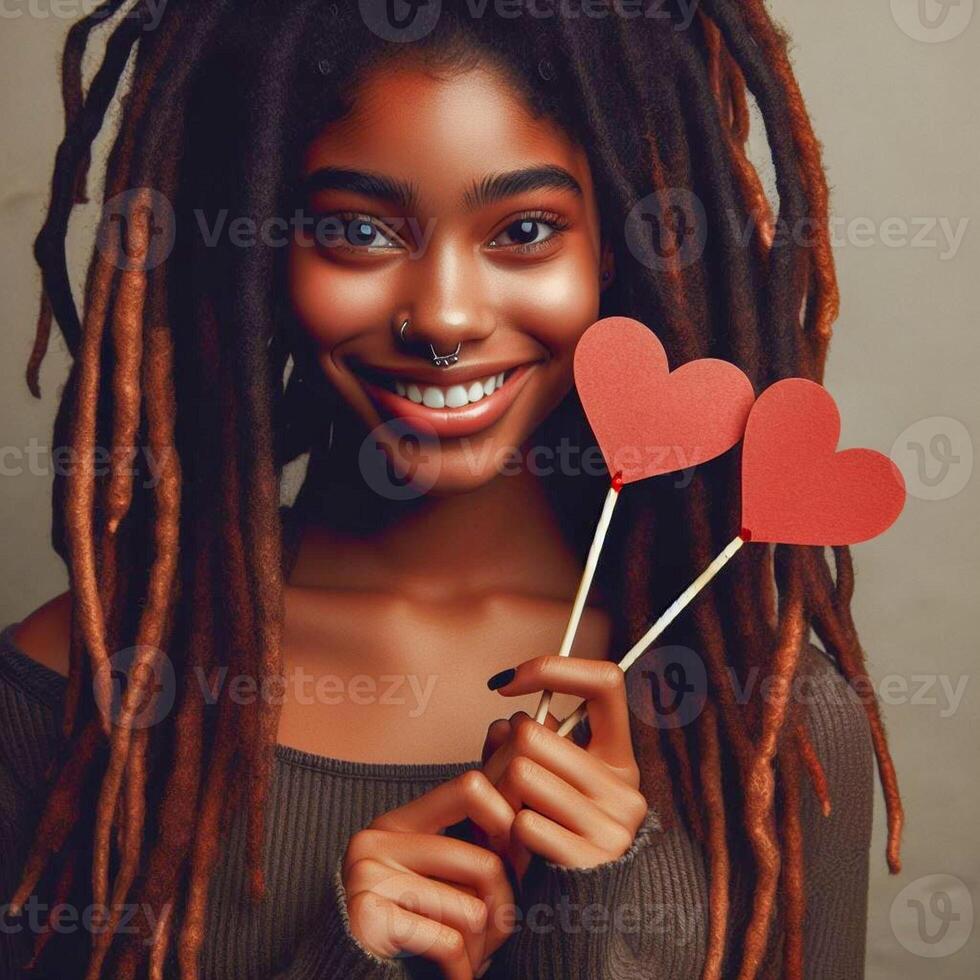 AI Generated A young girl with dark skin and freckles holds two hearts in her hands. Valentine's Day photo