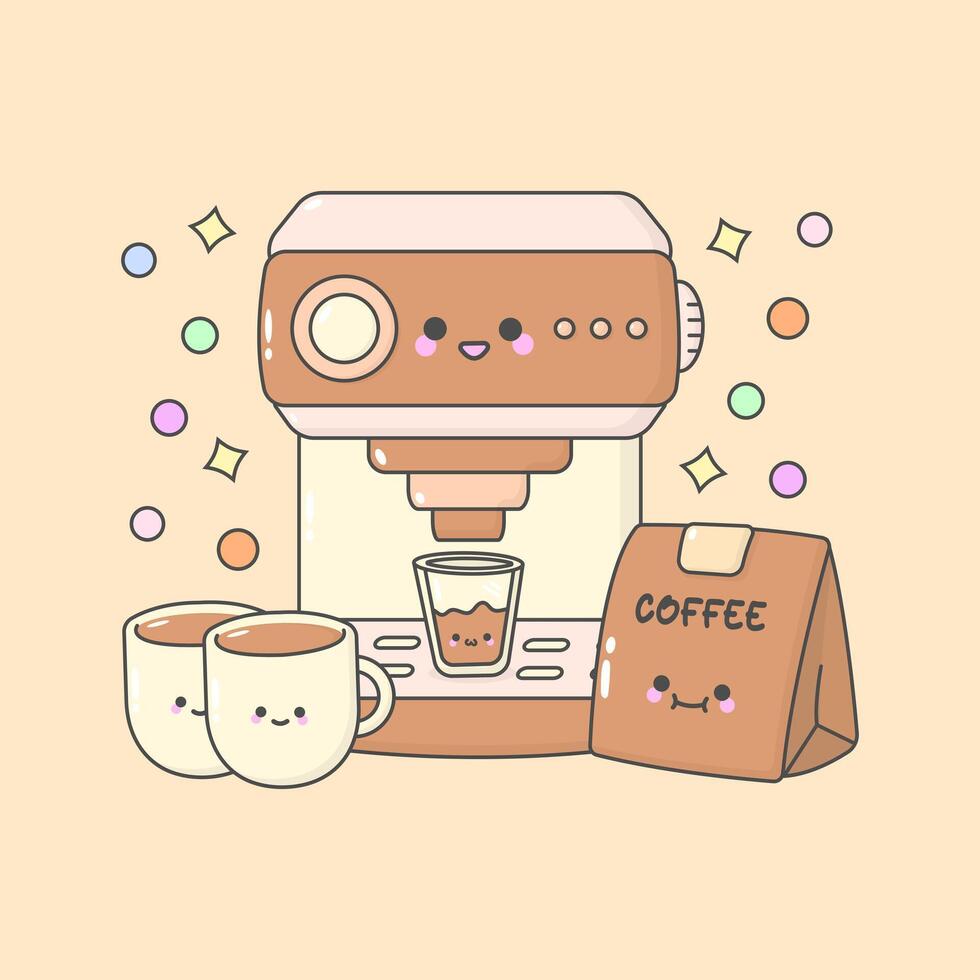 a cup of tea coffee machine bean with cute facial expressions and pastel colour vector