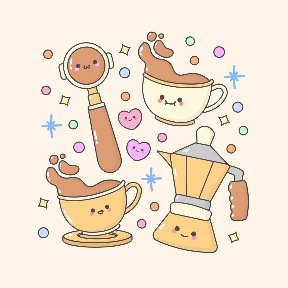 tea coffee aero press chemex cup with cute facial expressions and pastel colour vector