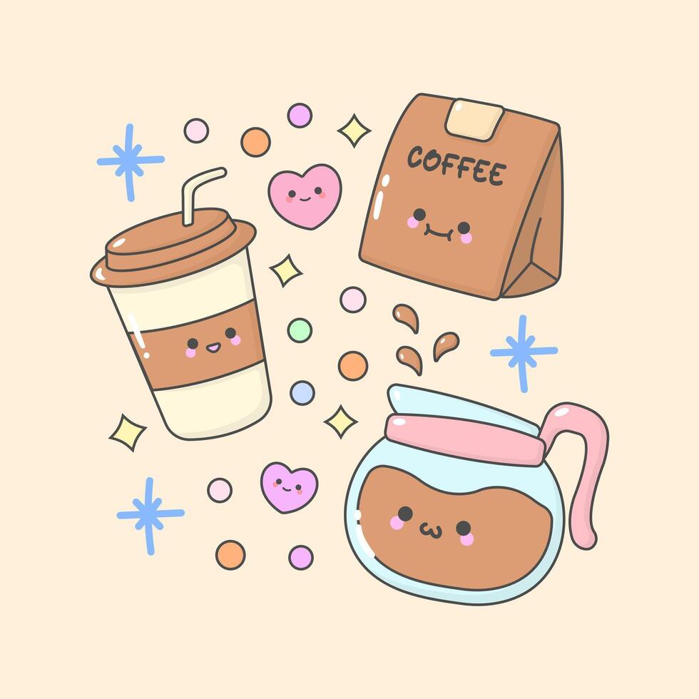 tea coffee beverages pitcher cup bean with cute facial expressions and pastel colour vector