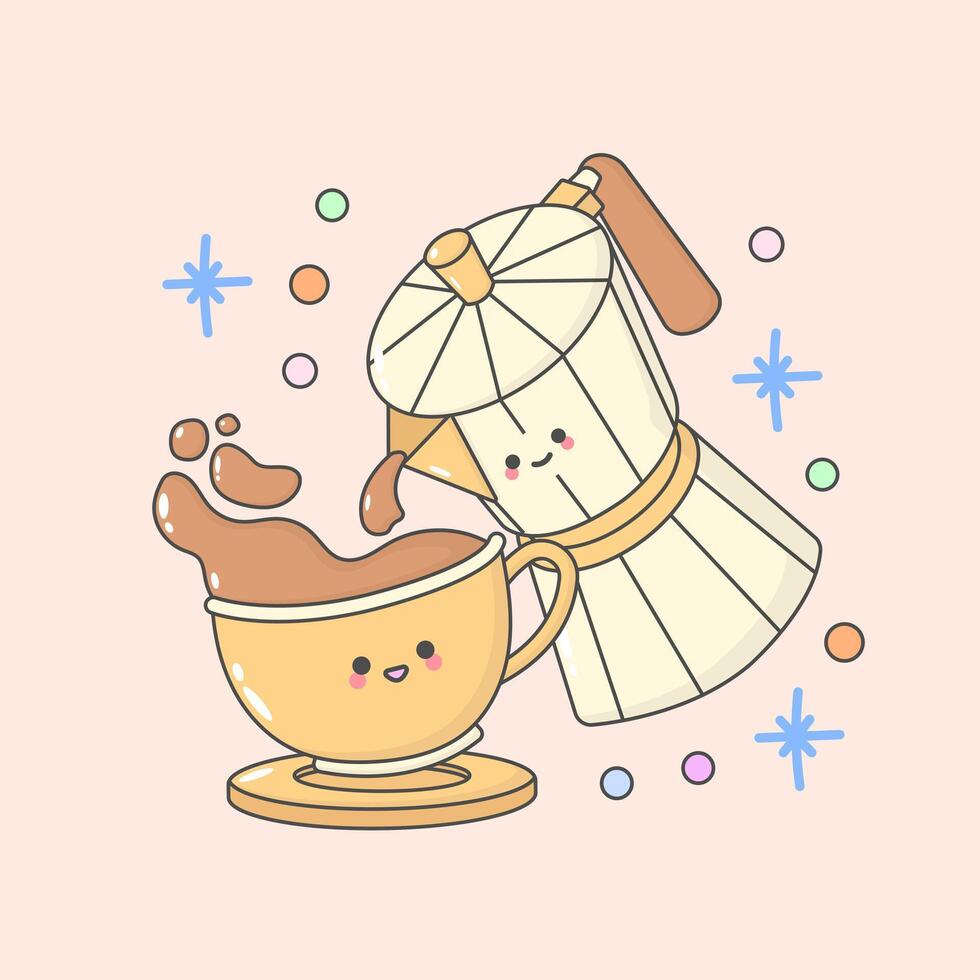 a cup of tea coffee and grinder with cute facial expressions and pastel colour vector