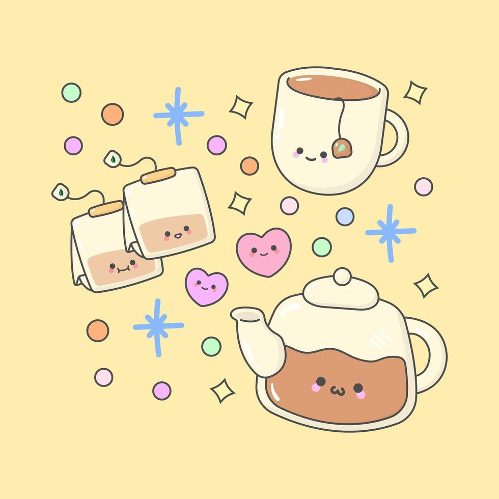 tea coffee beverages pitcher cup bean with cute facial expressions and pastel colour vector