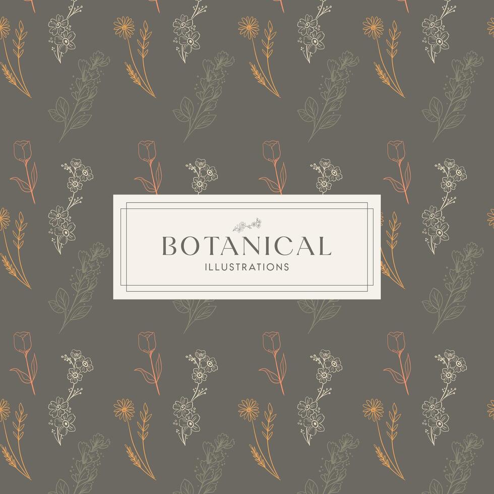 Elegance Soft Brown Hand drawn mono-line floral botanical flower pattern background design vector