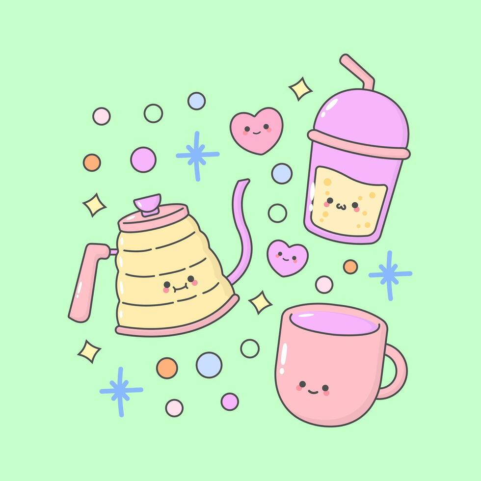 tea coffee beverages kettle mug bottle with cute facial expressions and pastel colour vector