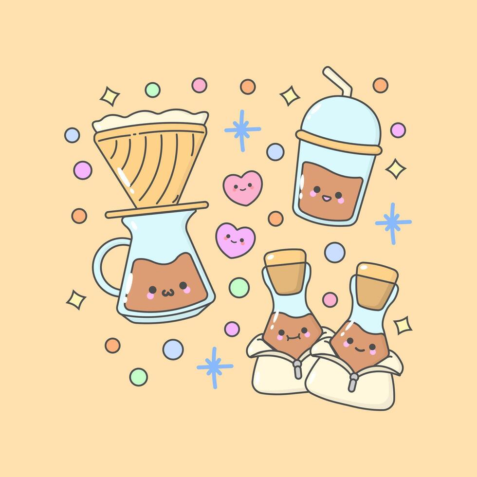 tea coffee aero press chemex cup with cute facial expressions and pastel colour vector