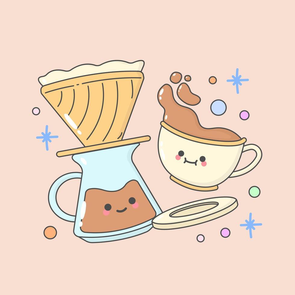 a cup of tea coffee and grinder with cute facial expressions and pastel colour vector