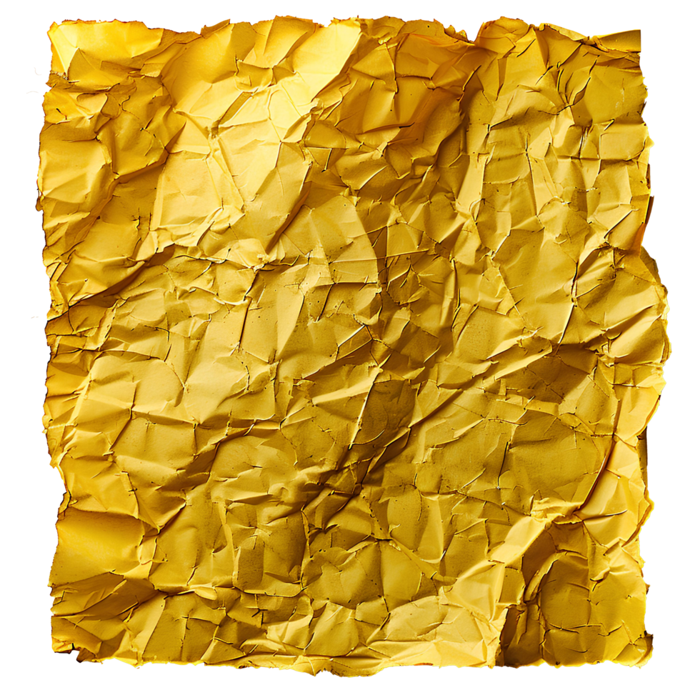 AI generated Yellow crumpled paper top view PNG. Yellow old paper texture for overlay PNG. Crinkly old paper isolated png