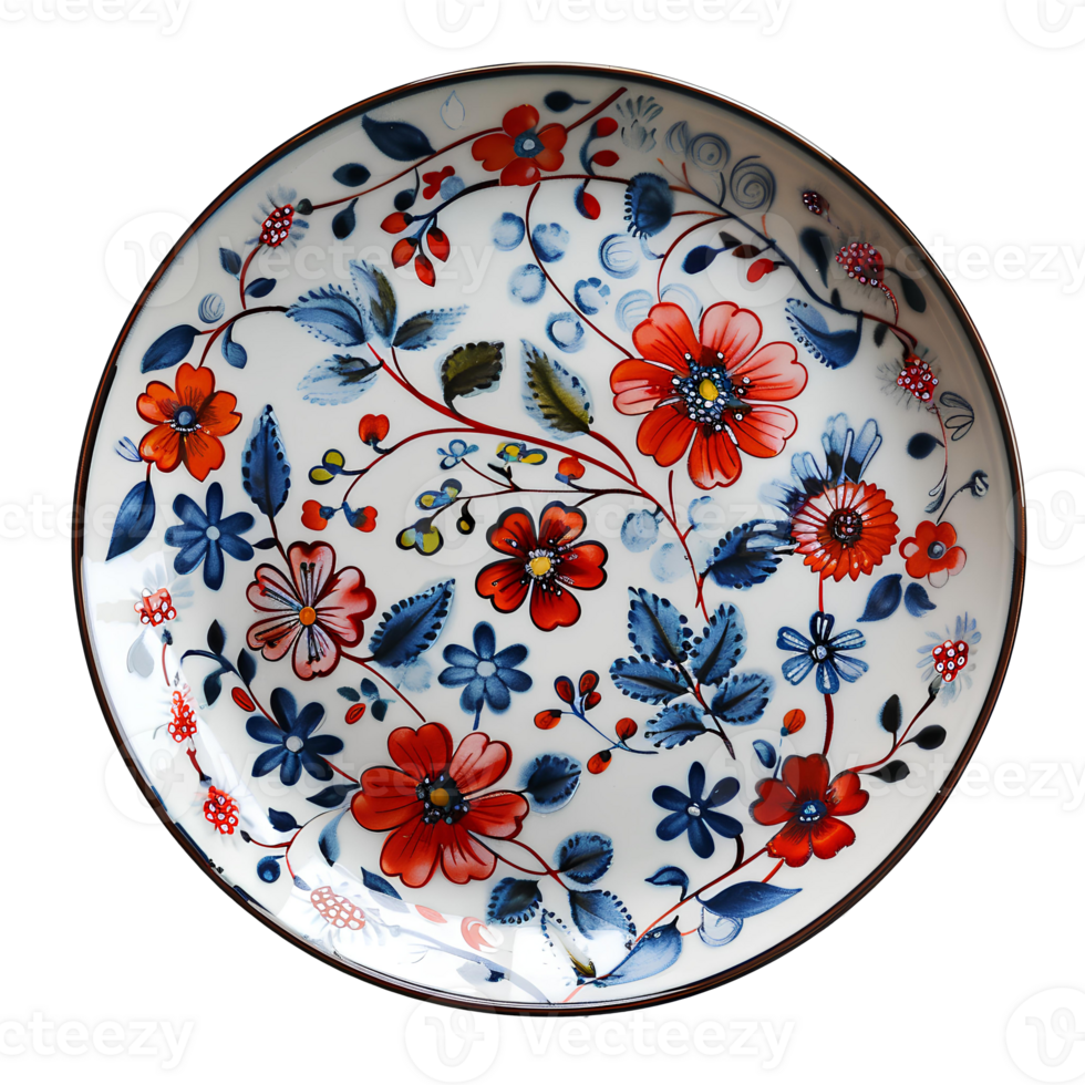 ai generato piatto con fiore dettagli png. intricatamente decorato bianca piatto con blu e rosso fiori superiore Visualizza png. astratto piatto design con floreale modello isolato. acquerello fiori png