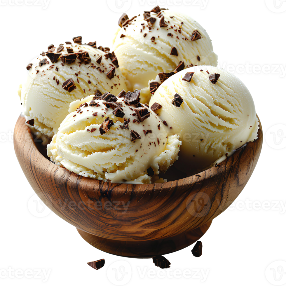AI generated Vanilla ice cream with chocolate pieces in a wooden bowl PNG. Ice cream bowl isolated png