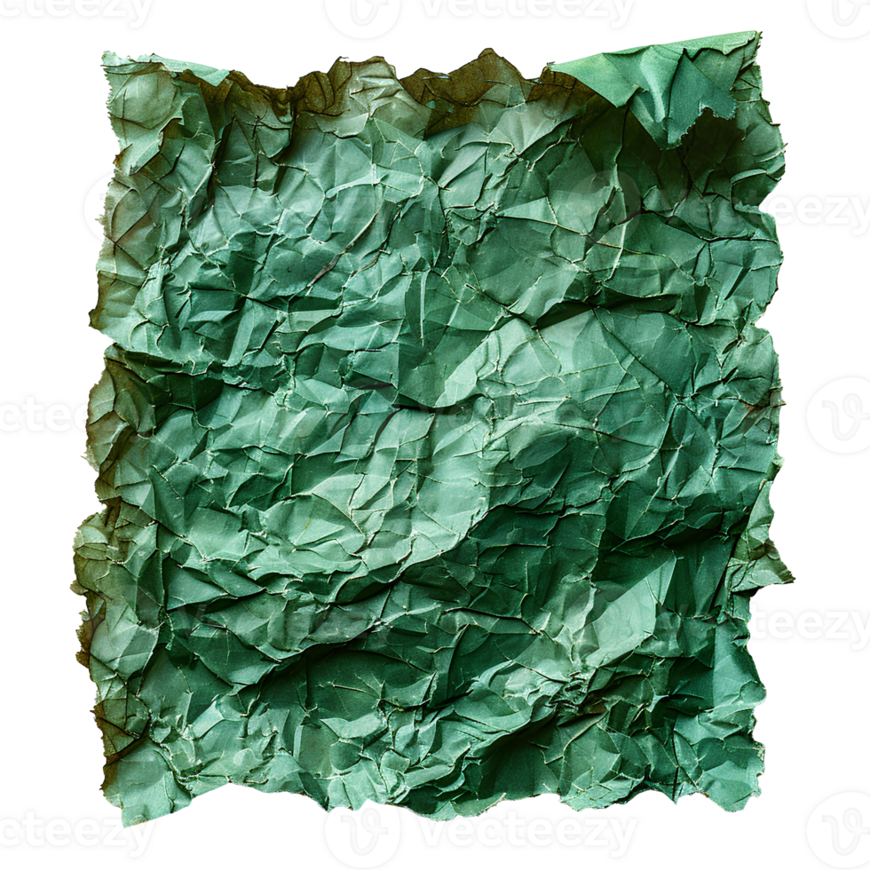 AI generated Green crumpled paper top view PNG. Green old paper texture for overlay PNG. Crinkly old paper isolated png